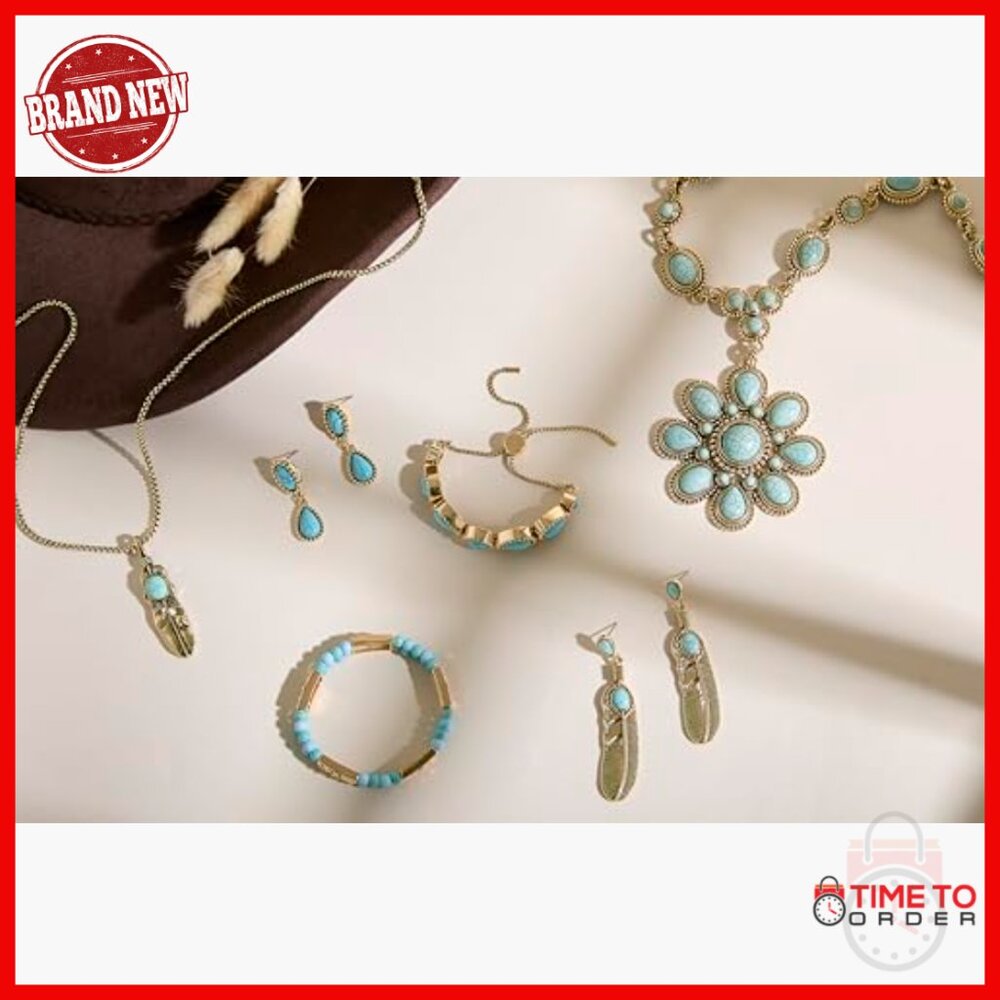 Large Turquoise Stone Flower Statement Necklace 1… - image 4